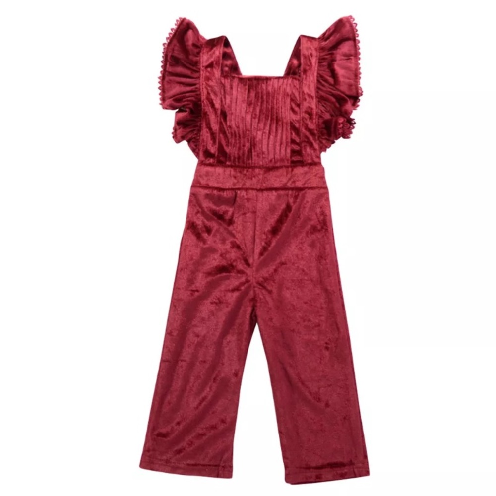 ⭐️LAST ONE⭐️ Red Velvet Ruffle Sleeve Jumpsuit - Picture 2 of 3